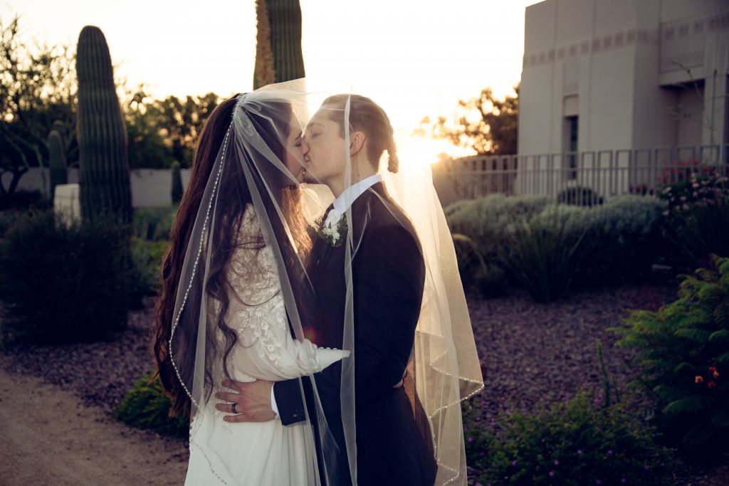 Sunset under the veil picture bride and groom at Phoenix Temple wedding photos